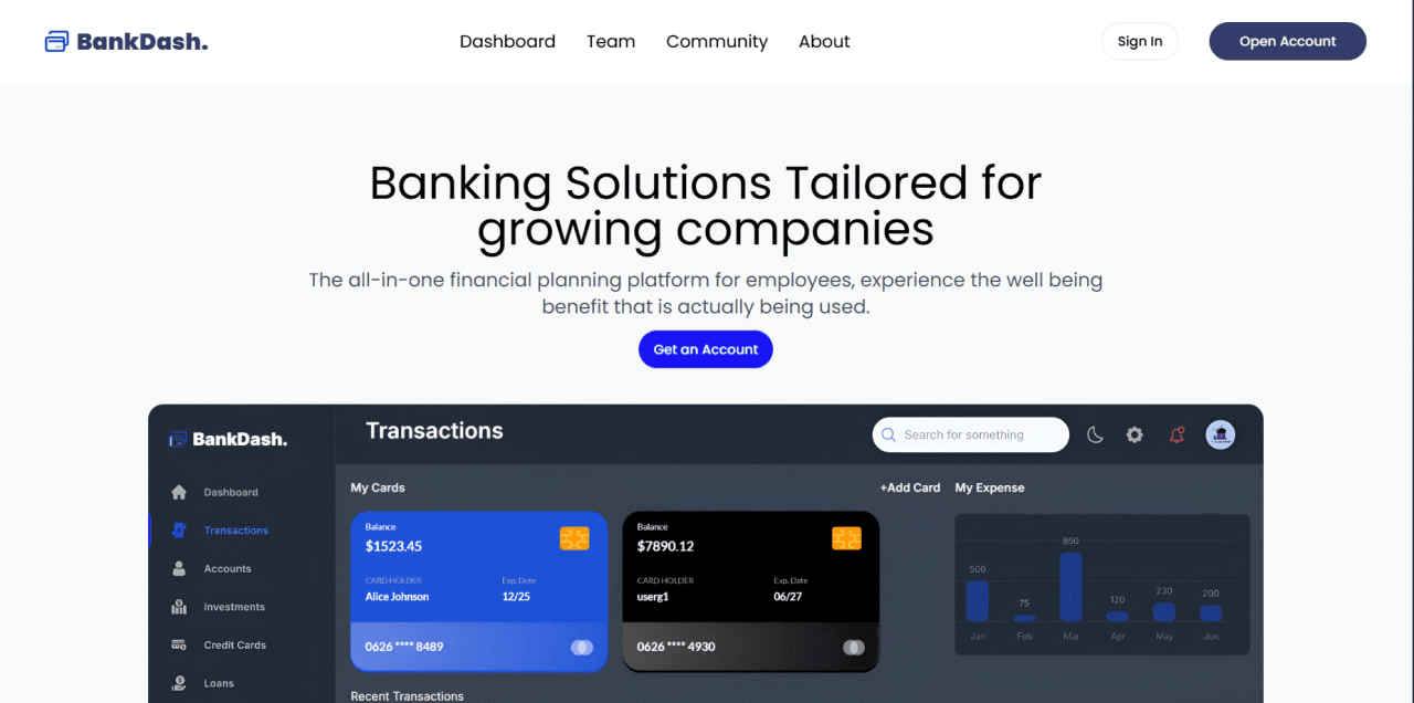 BankDash - Modern banking dashboard displaying virtual credit cards and expense management interface