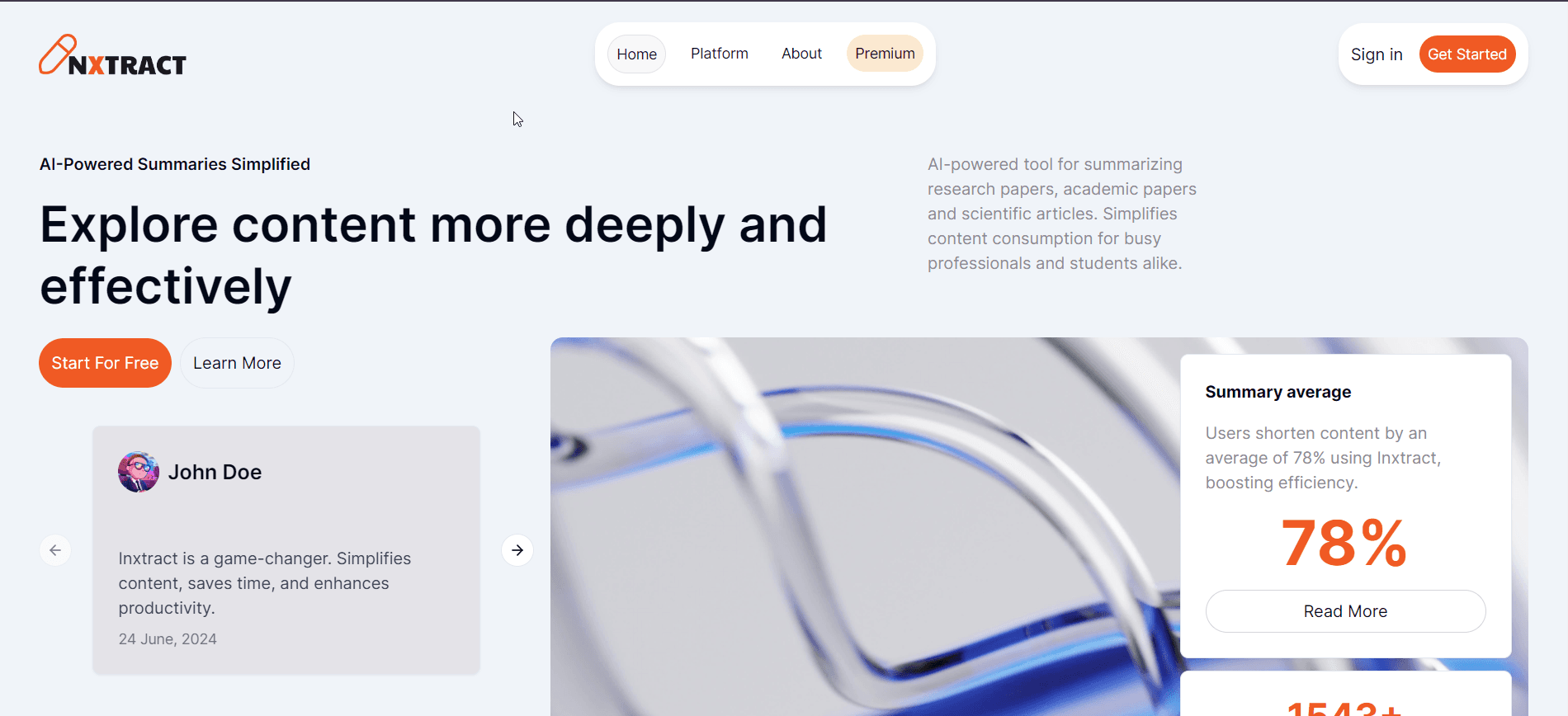 InXtract - AI-powered research paper summarization tool landing page showing document upload and summary generation